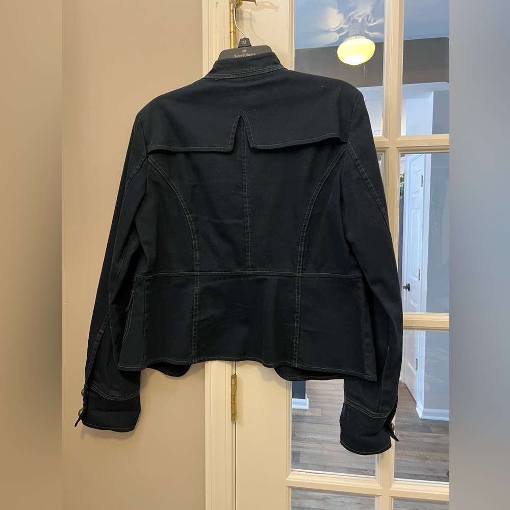 DKNY dark denim Military-Inspired Blazer with silvertone buttons sz L - Picture 3 of 8